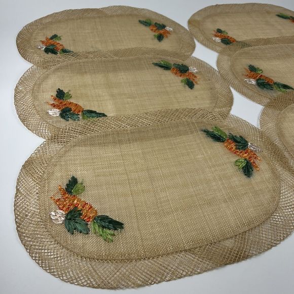 Wicker Straw Placemats Embroidered Carrots Vtg Boho Raffia 19”x13” Oval Set/6 - Picture 3 of 14